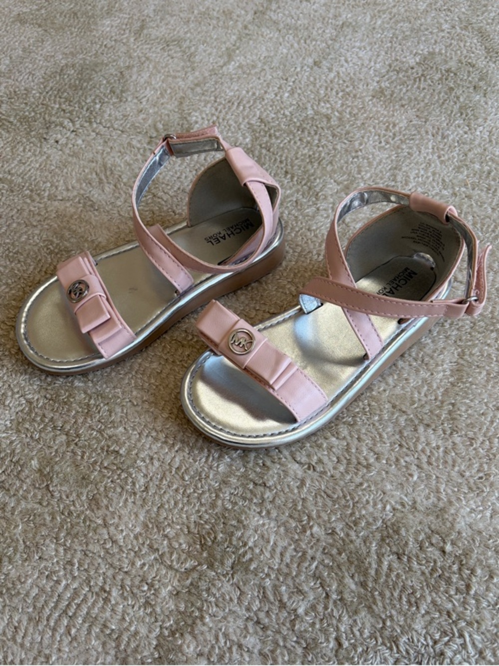 Michael Kors Girls Light Pink Bow and Silver Footbed Sandals